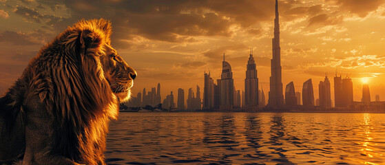 The powerful stance of a lion framed by the modern skyline