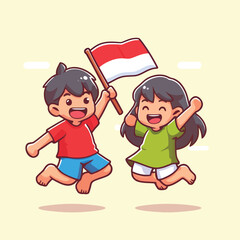 cartoon of a cute kid with an Indonesian flag jumping for joy