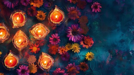 Overhead perspective of radiant Diwali Diyas
