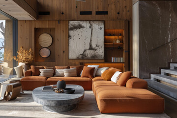  modern living room with wood panels on the wall
