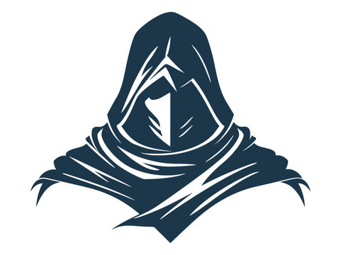A mysterious hooded figure in a dark cloak, with a concealed face and flowing garment. Flat vector illustration.