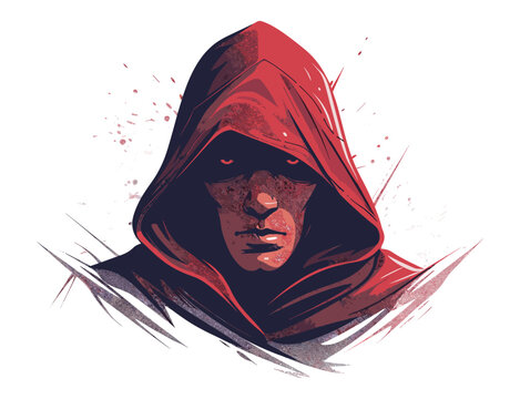 A mysterious hooded figure in a red cloak, with a concealed face and dark expression. Flat vector illustration.