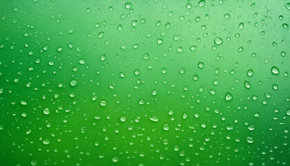 Wet window green background, water drops on glass, rainy weather, copy space