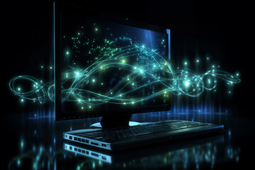 computer screen and keyboard on a dark background surrounded by glowing lines and effects