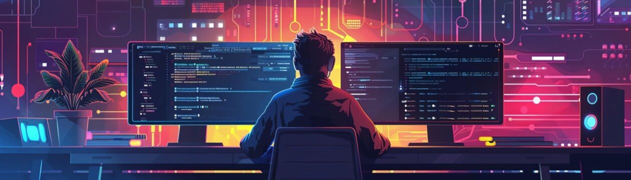 A web developer using version control software to manage code changes focus on organization, technology theme, realistic, multilayer, workstation backdrop