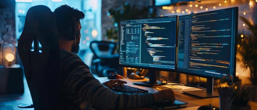A web developer writing code on multiple monitors in a modern workspace close up, coding theme, realistic, blend mode, tech office backdrop