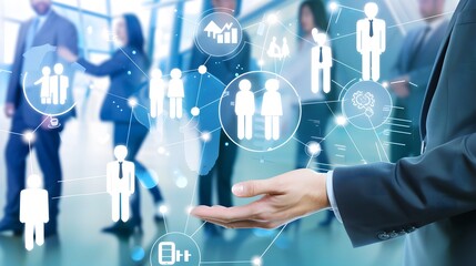 Business professionals collaborating with digital icons representing various concepts and data in a modern office setting, symbolizing teamwork and innovation.