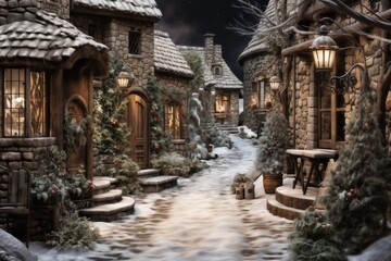 a city street on a winter night, snow covered houses and trees, the light of lanterns, facades of houses decorated for Christmas or New Year, festive environment