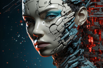 face of female android bio robot, gynoid closeup portrait, concept of cybernetics and biomechanics and robotics of future