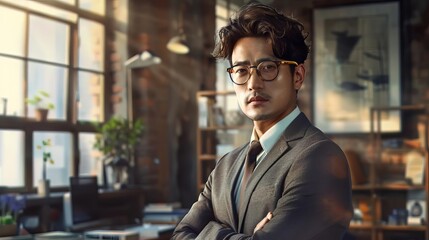 Fototapeta premium serious asian businessman wearing glasses and suit standing in modern office digital painting