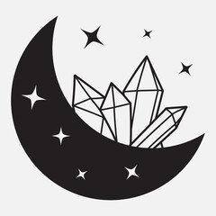 Vector crescent moon with crystals and stars in black color