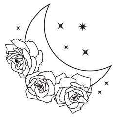 Vector crescent moon with roses and stars design set
