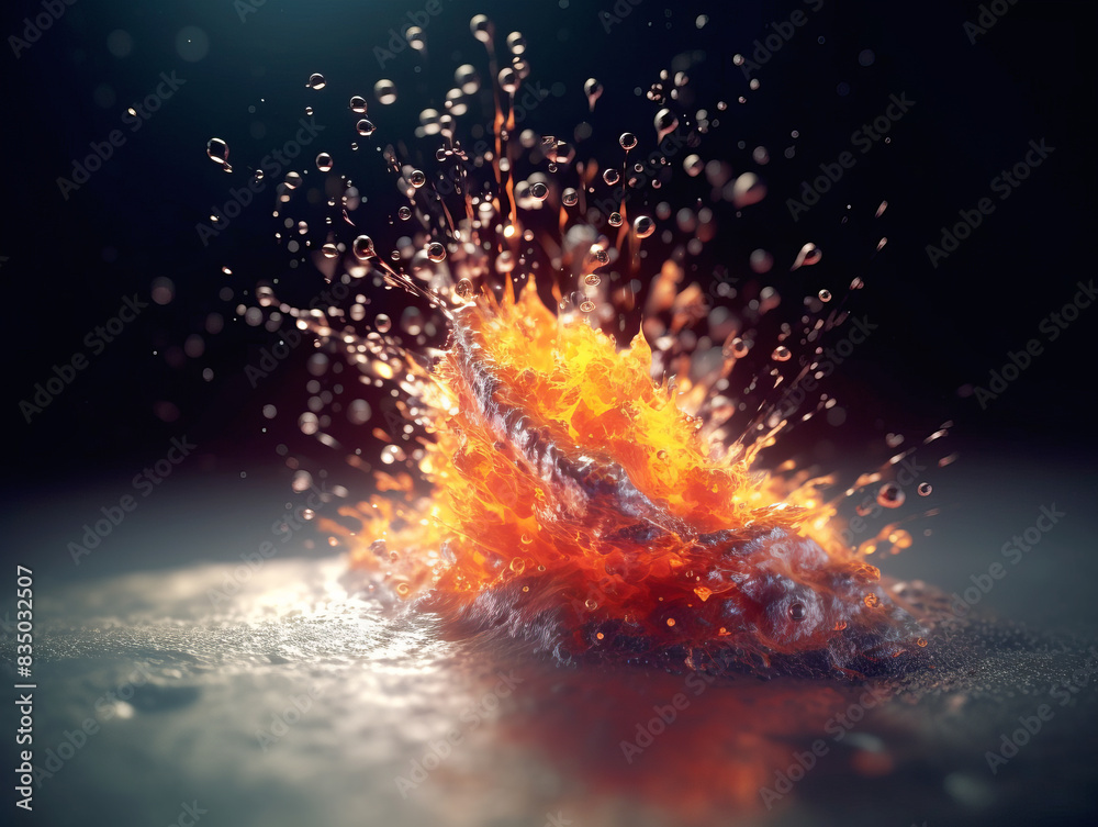 Poster A dynamic splash of water and fire on a dark background, illustrating the concept of contrasting elements. Generative AI