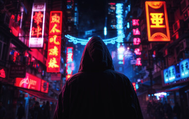 Fototapeta premium Hooded silhouette against a vibrant neon backdrop, evoking a sense of danger and intrigue