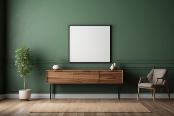 Interior home of living room with blank frame poster mock up on wooden cabinet on green velvet wall copy space, hardwood floor