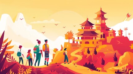 A flat design depiction of ethical travel, featuring a traveler interacting respectfully with a local community, learning about their customs and traditions. The minimalist background emphasizes
