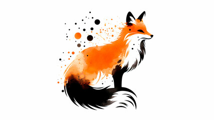 Obraz premium Orange and black paint brush strokes and patter for fox in watercolor, on white background, logo