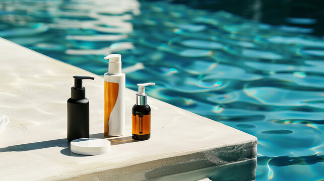 Premium beauty products set by the poolside on a sunny day