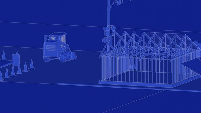 under construction house site, frame structure, with large machines, seamless looping 3D blueprint animation