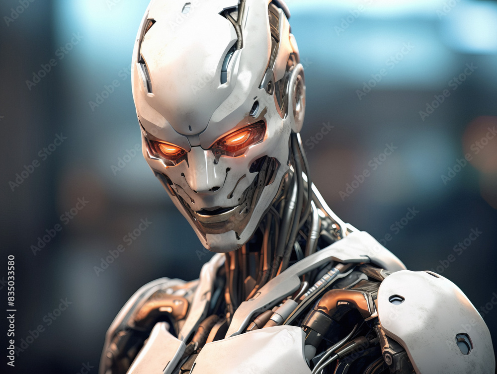Aufkleber Close-up of a realistic robot head with glowing orange eyes on a blurred background, evoking concepts of AI and technology. Generative AI