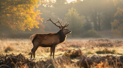 Majestic red deer standing in morning sunlight in autumn field
