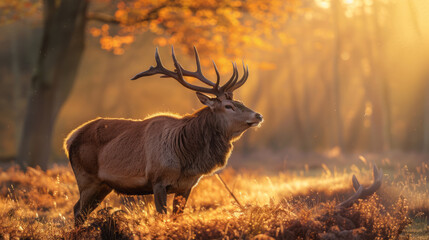 Majestic red deer in the morning sunlight of a forest