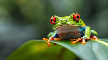Fototapeta premium Colorful red-eyed tree frog perched on a green leaf