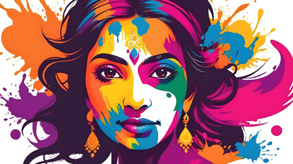 Naklejka premium Indian woman with colored paints in Holi Festival themed logo icon symbol on white background. Generative AI