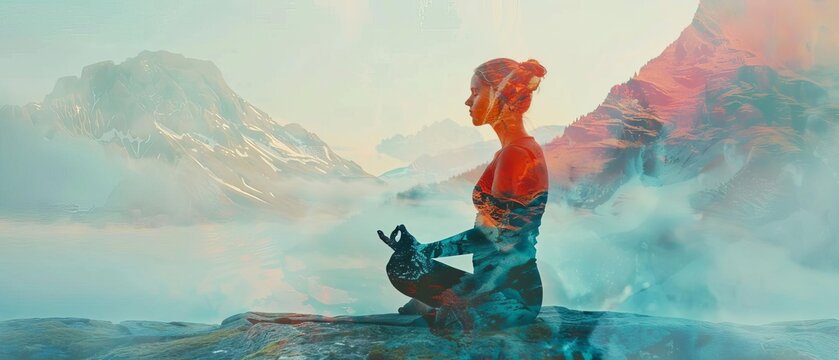 A yoga instructor practicing solo with mountains in the background close up, solitude theme, vibrant, double exposure, mountain backdrop