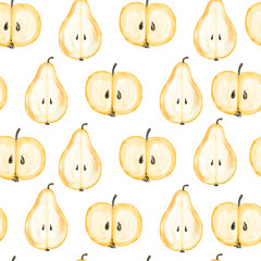 Apple and pear watercolor illustrations, seamless pattern