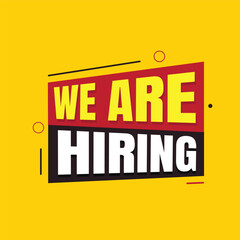 We are Hiring banner template design. Hiring recruitment open vacancy info label design. We are hiring text on red and black rectangular shapes. Job hunting vector illustration.