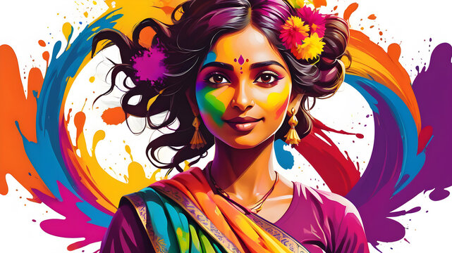 Indian woman with colored paints in Holi Festival themed logo icon symbol on white background. Generative AI