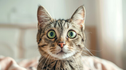 Obraz premium Skeptical tabby cat with wide eyes looking surprised