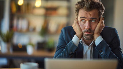 Fototapeta premium Stressed and sad Businessman thinking in Office - Concept of Work Stress and Corporate Pressure or Business loss. Generative AI