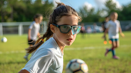 Young girl wearing protective eyewear plays soccer on a sunny day highlighting children’s eye...