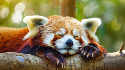 Sleeping red panda resting on a tree branch in sunlight