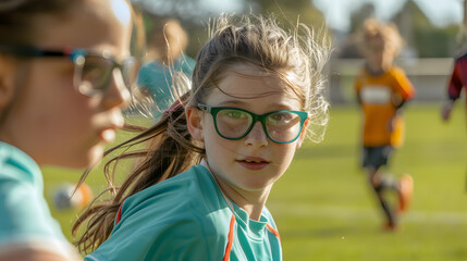 Young girl wearing glasses playing soccer with teammates on a sunny day promoting eye health and safety in children during sports activities