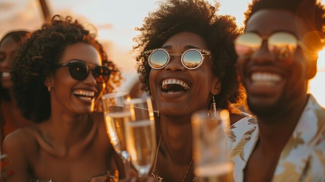 A group of young people having fun at a summer beach party at sunset.Young African Americans having fun on the beach in the summer.