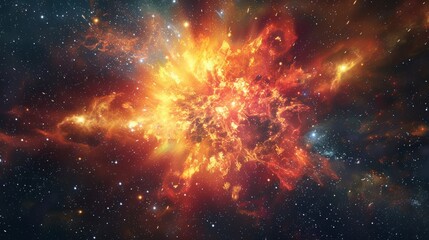 An incredible supernova explosion against the backdrop of the Milky Way, vibrant hues of red, orange, and yellow spreading out, surrounding star clusters and nebulae highlighted by the explosion's