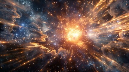 The monumental moment of the Big Bang in space, an explosion of intense light and energy, primordial matter and particles radiating outward, vast cosmic background with nascent stars beginning to