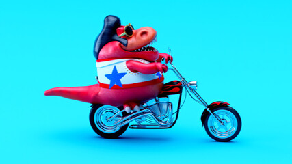 Fun 3D cartoon illustration of a Trex on a motorbike © Julien Tromeur