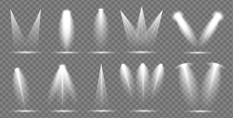 Light effect. White light. Glow isolated  light effect set,  glitter, spark and stars, spotlight. Realistic vector illustration. Lights effect isolated on transparent background