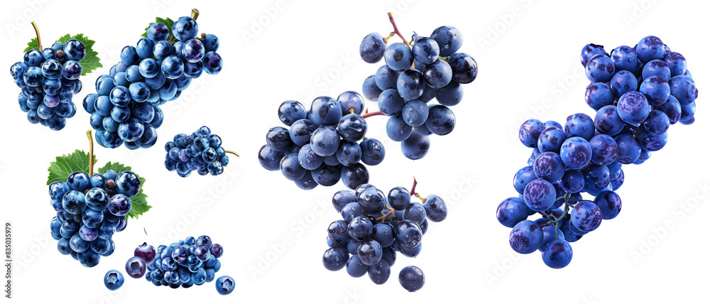Poster isolated blue grapes flying on white background. bunch of falling berries. generative ai.
