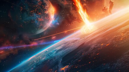 An artistic rendering of a meteor crashing into a planet's atmosphere, creating a dramatic light show. The meteor is seen from a high-angle perspective, with the planet’s surface and atmosphere