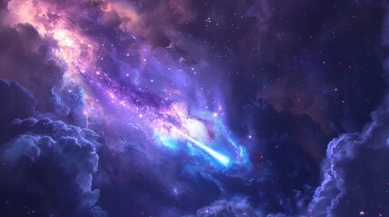 Fototapeta premium A dynamic digital painting of a meteor entering a nebula, vibrant gas clouds swirling around it, illuminated by nearby stars. The meteor is viewed from below, emphasizing its descent. Colors of the
