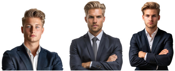Isolated transparent background showing powerful young CEO businessman with blond hair and blue eyes
