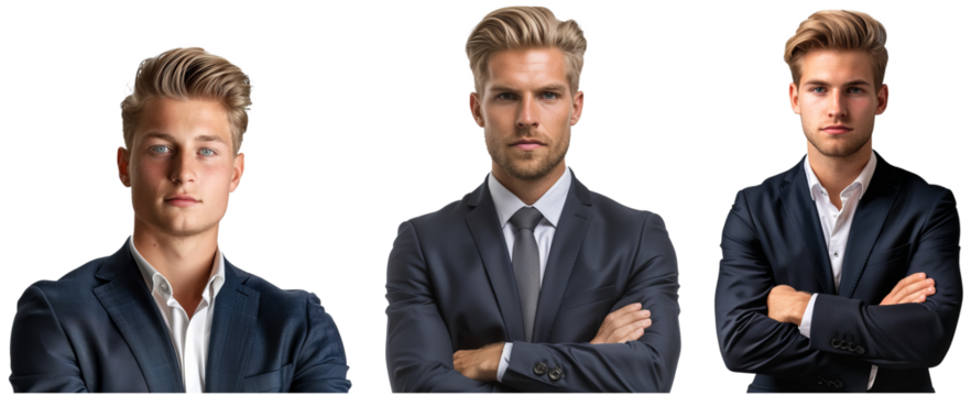 Isolated transparent background showing powerful young CEO businessman with blond hair and blue eyes