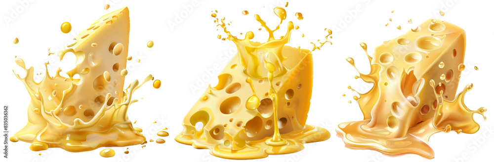 Poster a piece of cheese with drips and melted sauce splashing on a transparent background, a cheese slice 
