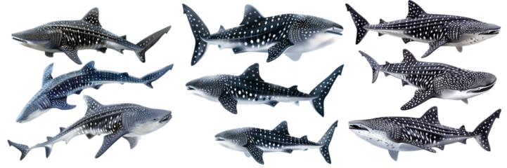 Sea animals collection of whale sharks (front, side, and top views) isolated on a transparent background