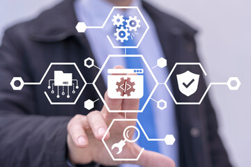 Man using virtual screen clicks icon: website with programming code. Concept of web computer...